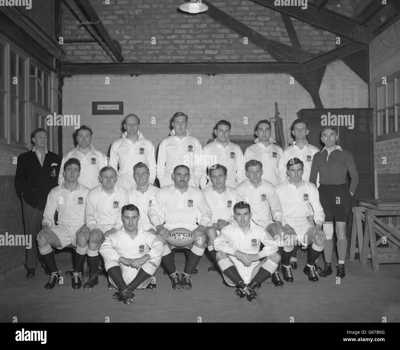 England team group. (l-r) Touch Judge, Sandy Sanders, unknown, unknown, unknown, unknown, Ian King. (Middle row l-r) Jeff Butterfield, Christophe Winn, Eric Evans, Bob Stirling, John Carpenter, Ted Woodward, unknown. Sitting (l-r) Unknown and Martin Regan. Stock Photo