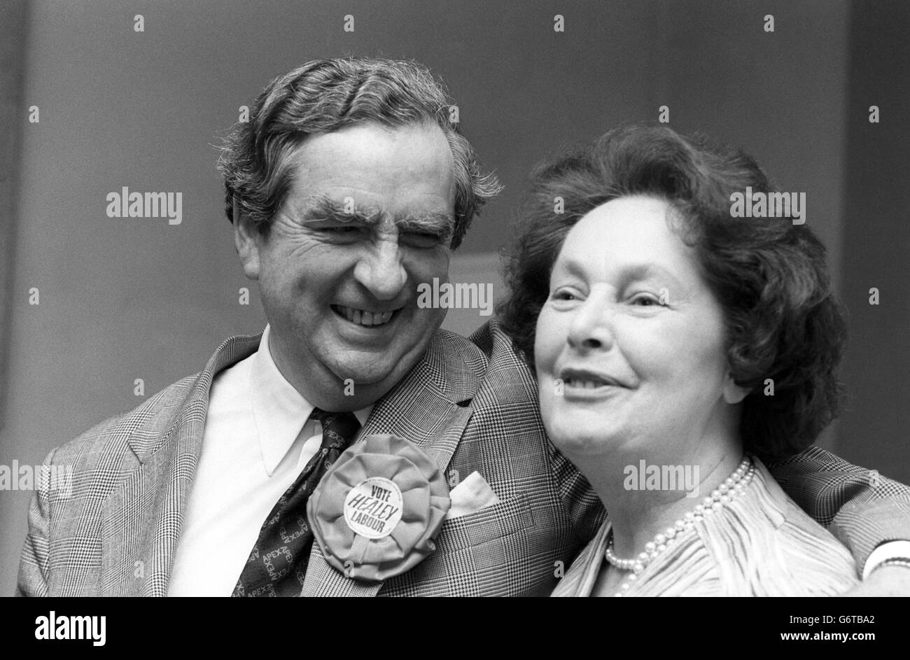 A cheerful Chancellor of the Exchequer Denis Healey and his wife Edna at Leeds Civic Hall. Mr Healey is Labour candidate for Leeds East. Stock Photo