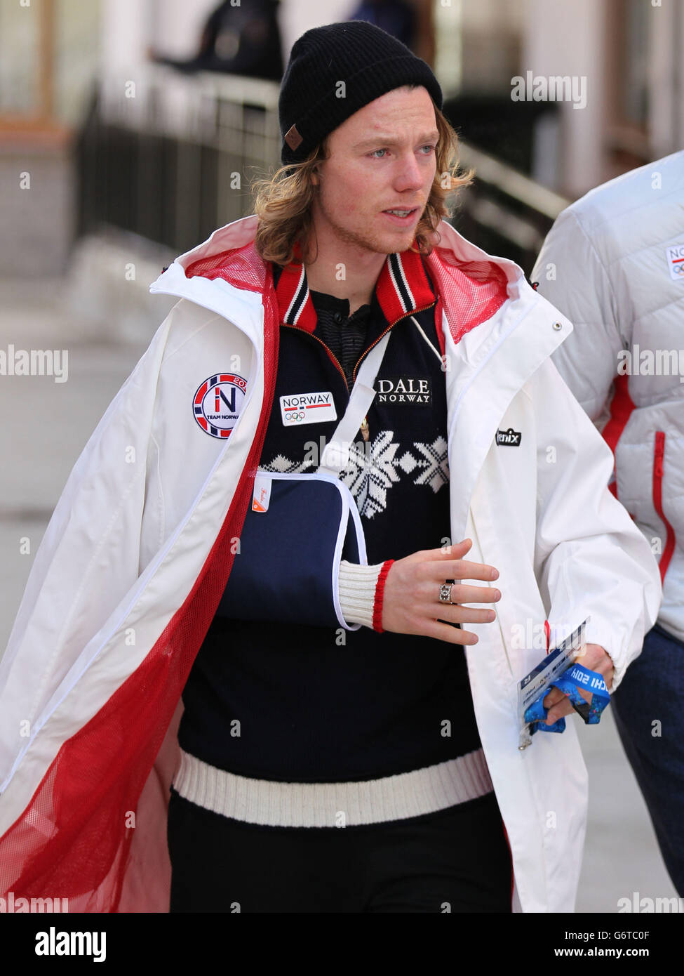Norwegian slopestyle Olympic medal hope Torstein Horgmo who is out of the olympics walks through the Athletes Village after breaking his collarbone in training yesterday. Stock Photo