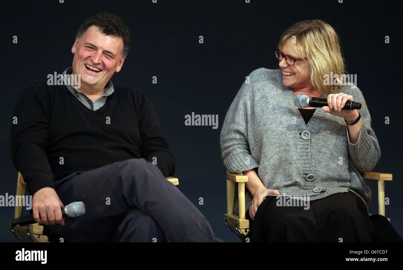 Sherlock Writer Steven Moffat (left) and Producer Sue Vertue attending the Meet The Filmmakers: Sherlock event at the Apple Store, Regent Street, London, to discuss the BBC programme. Stock Photo