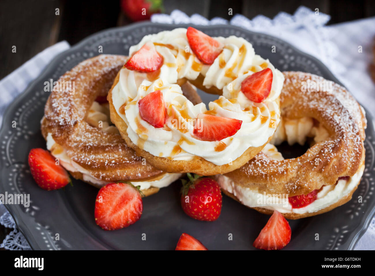Cream Puff Rings Choux Pastry Decorated With Fresh Strawberry