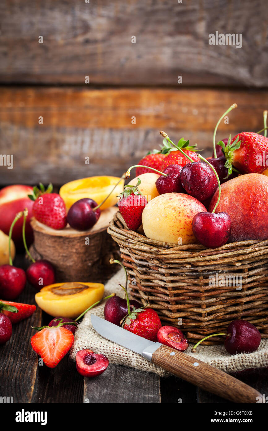 Fresh Ripe Summer Berries And Fruits Peaches Apricots Cherry And