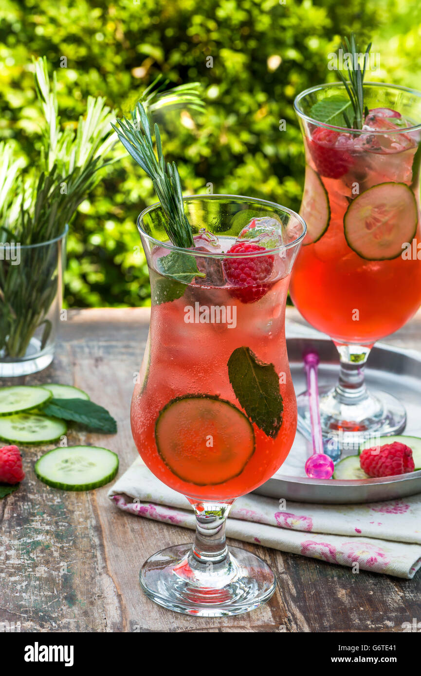Pink gin and tonic cocktail with raspberries, cucumber and mint Stock
