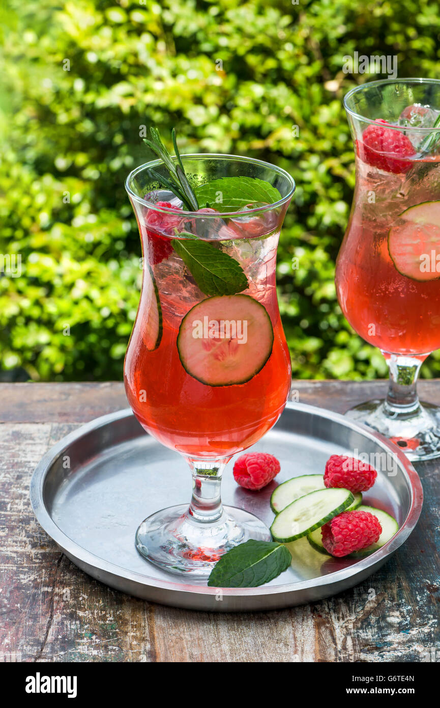 Pink gin and tonic cocktail with raspberries, cucumber and mint Stock