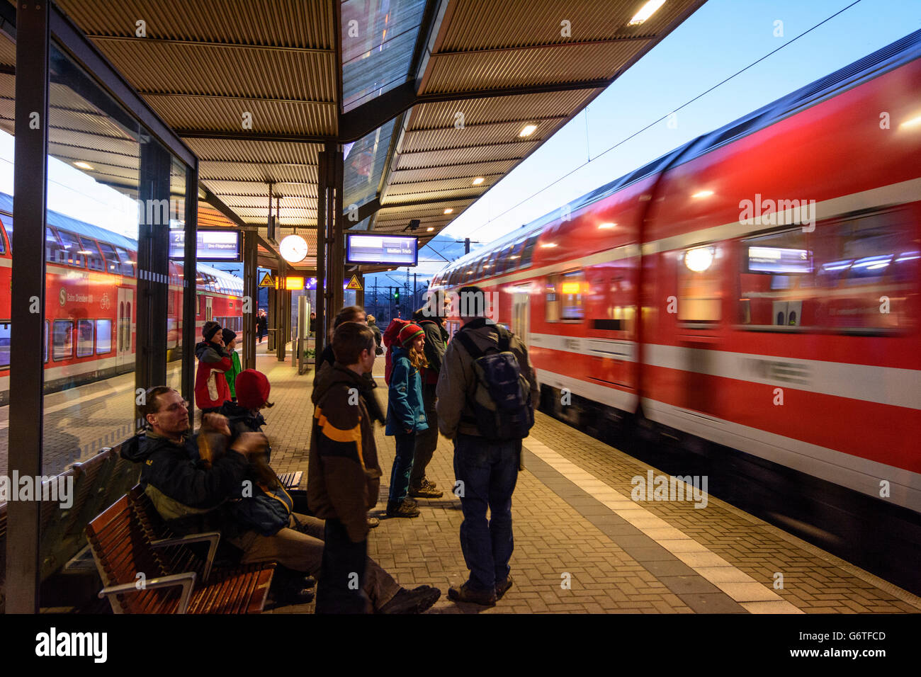 double-deck train and passengers of the S-Bahn Dresden DB AG in Pirna Station, Pirna, Germany, Sachsen, Saxony, Stock Photo