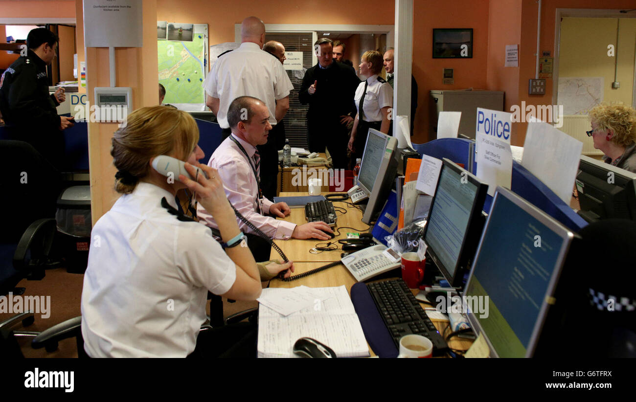 Prime Minister David Cameron is shown the multi-agency run Silver Command control room at Taunton Command Centre, the Prime Minister's visit to Somerset comes as the Environment Agency issues severe flood warnings for a number of areas including the Somerset Levels and also on the river Thames west of London. Stock Photo