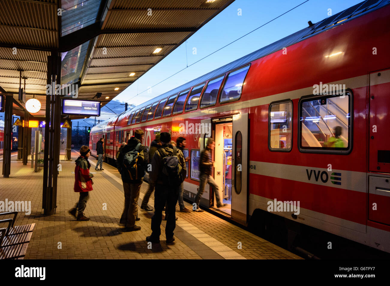 double-deck train and passengers of the S-Bahn Dresden DB AG in Pirna Station, Pirna, Germany, Sachsen, Saxony, Stock Photo