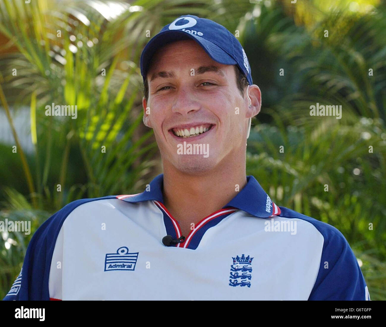 England fast bowler Simon Jones, gives a live television interview to London at the team hotel in Kingston, Jamaica. Stock Photo