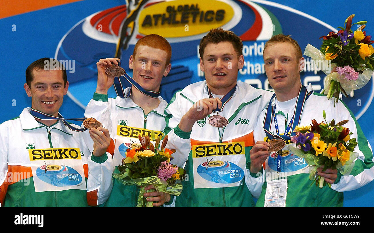 The Ireland Relay team for the 4x400m Event with Bronze Medals from the left are Gary Ryan, David McCarthy, Robert Daly and David Gillick at the Athletics World Indoor Championships in Budapest, Hungary. Stock Photo