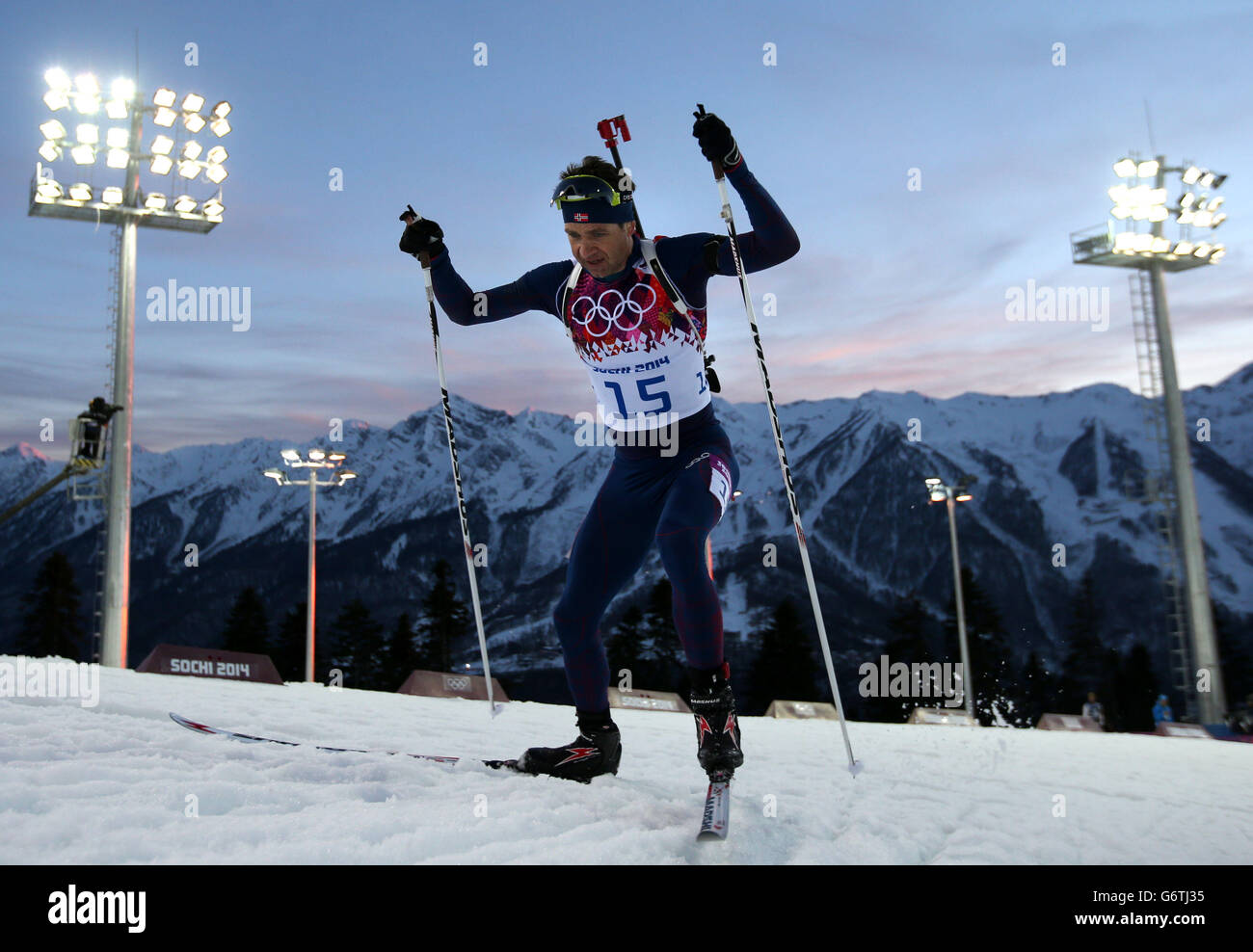 Norway's Ole Einar Bjoerndalen during the Men's 20km Individual Biathlon at the Laura Cross-Country Ski and Biathlon Center during the 2014 Sochi Olympic Games in Krasnaya Polyana, Russia. Stock Photo