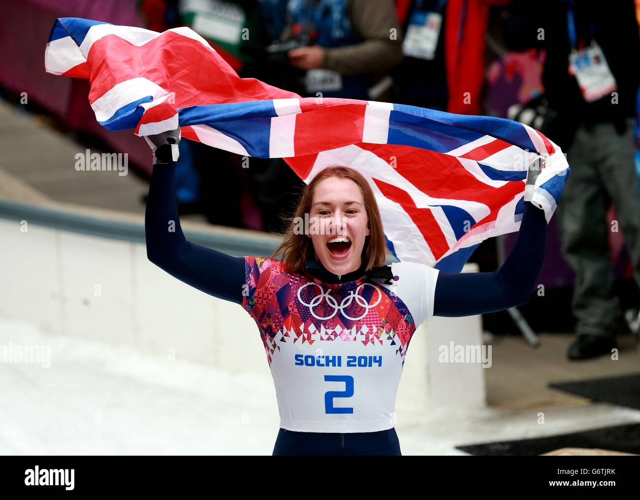 Great Britain's Lizzy Yarnold celebrates winning gold in the Women's Skeleton during the 2014 Sochi Olympic Games in Sochi, Russia. Stock Photo