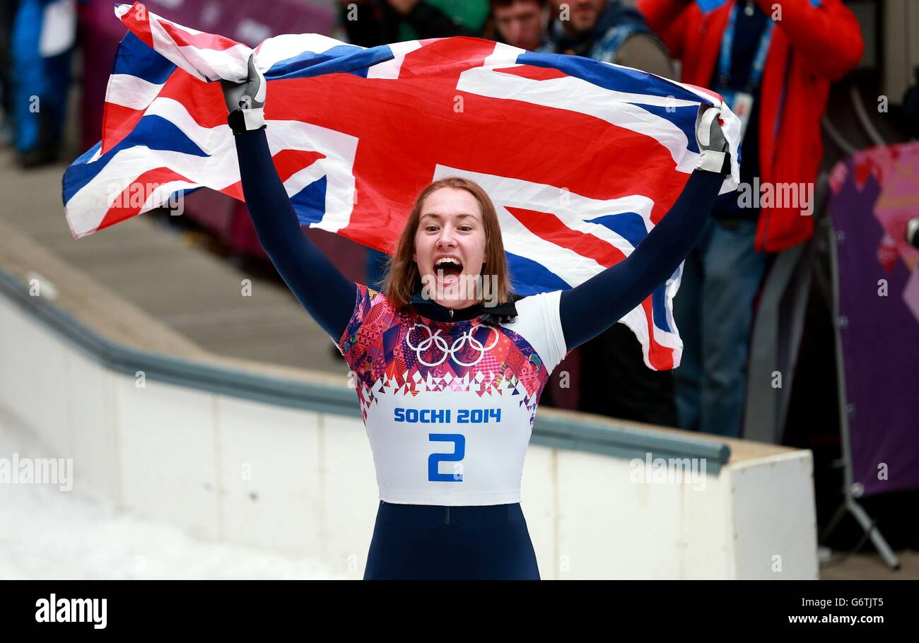 Great Britain's Lizzy Yarnold celebrates winning gold in the Women's Skeleton during the 2014 Sochi Olympic Games in Sochi, Russia. Stock Photo