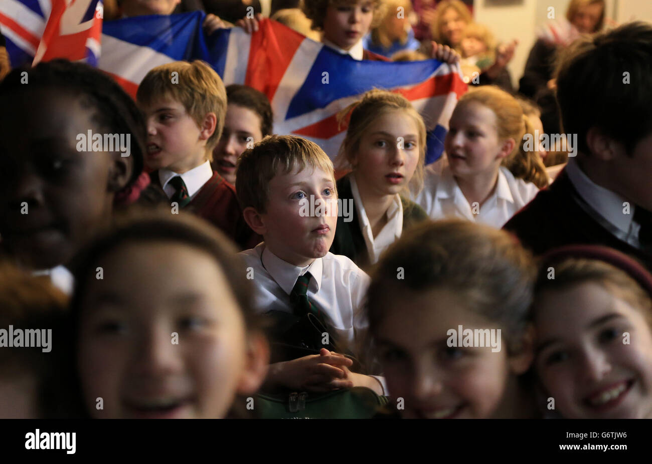 Pupils at St. Michaels School in Otford, Kent, celebrate as Great Britain's Lizzy Yarnold wins the Skelton Bob at the Winter Olympics in Sochi. Picture date: Friday February 14, 2014. See PA story OLYMPICS Skeleton. Photo credit should read: Gareth Fuller/PA Wire Stock Photo