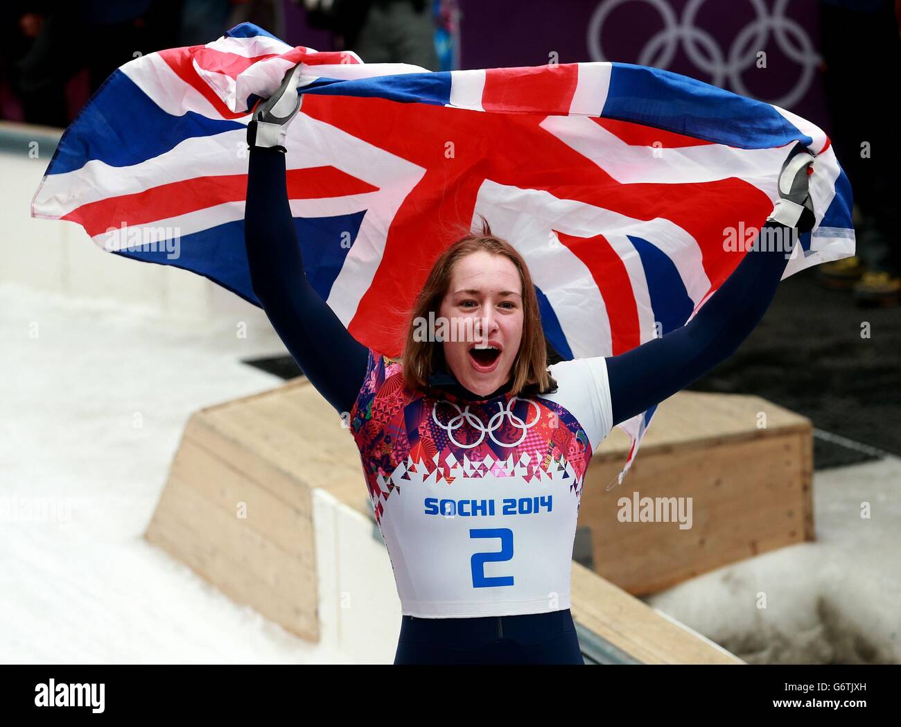 Great Britain's Lizzy Yarnold celebrates her gold winning the Ladies Skeleton during the 2014 Sochi Olympic Games in Sochi, Russia. Stock Photo