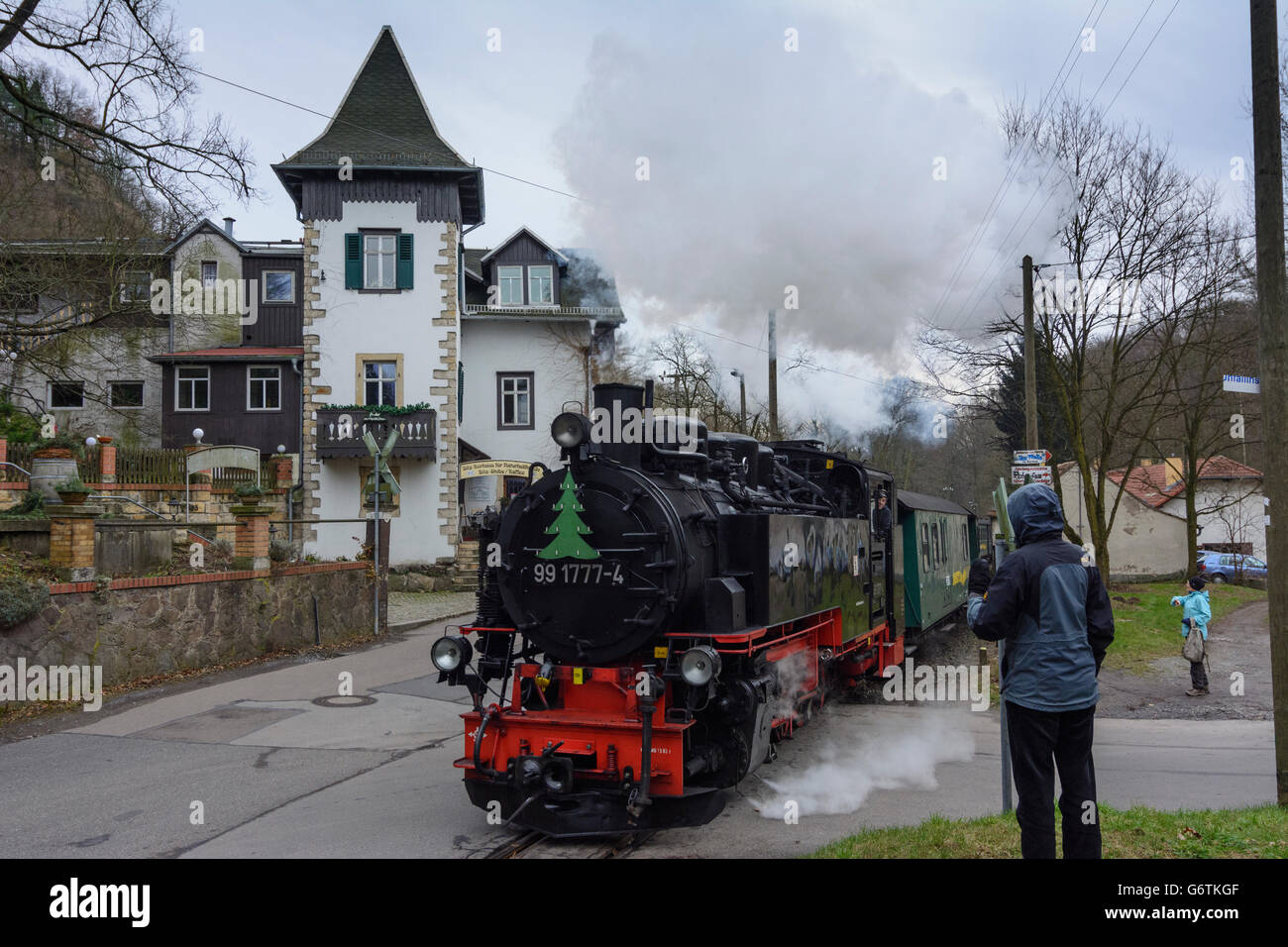 Passenger train with steam locomotive Radebeul-Radeburg railway ( Lößnitzgrundbahn ) in Lößnitzgrund, Radebeul, Germany, Sachsen Stock Photo