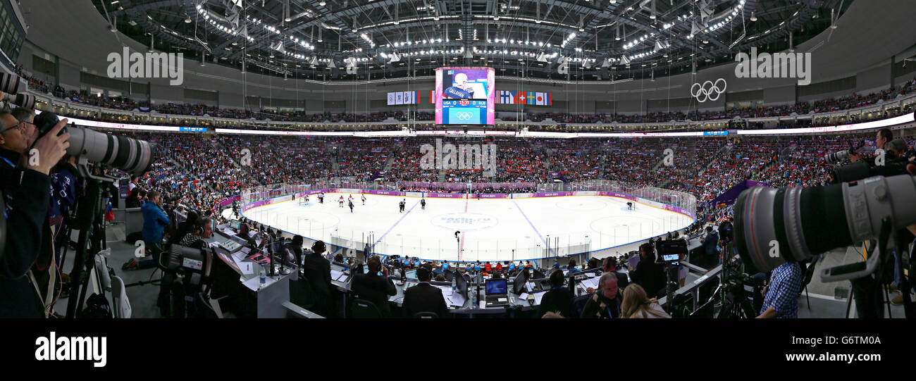 EDITORS NOTE: This image has been stitched together from 3 separate photographs. A Composite panoramic view of the Bolshoy Ice Dome during the USA v Russia match during the 2014 Sochi Olympic Games in Sochi, Russia. Stock Photo