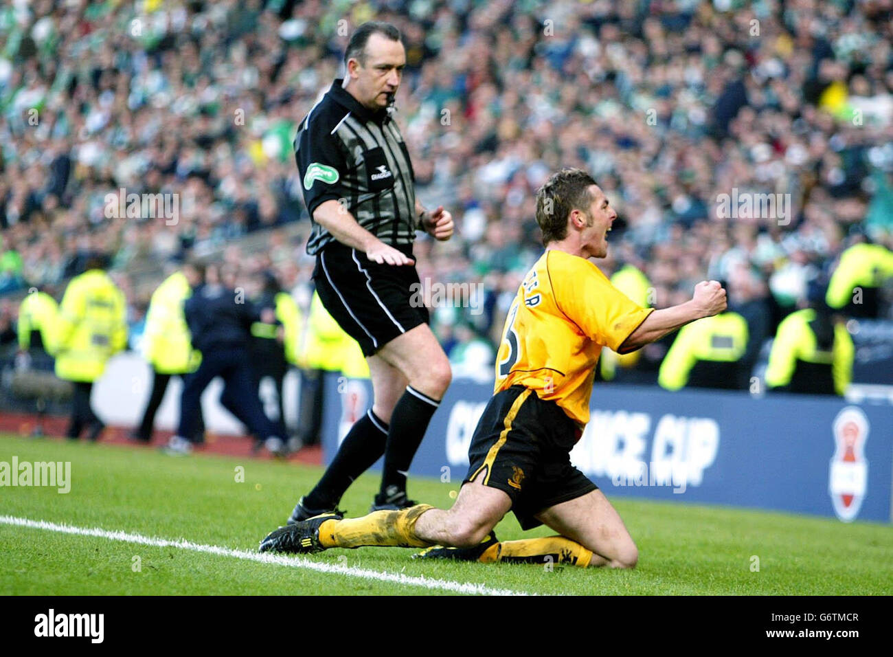 Livington's Jamie McAllister celebrates after scoring the second goal against Hibernian during the CIS Insurance Cup final at Hampden Park, Glasgow. Livingston won 2-0. EDITORIAL USE ONLY. Stock Photo