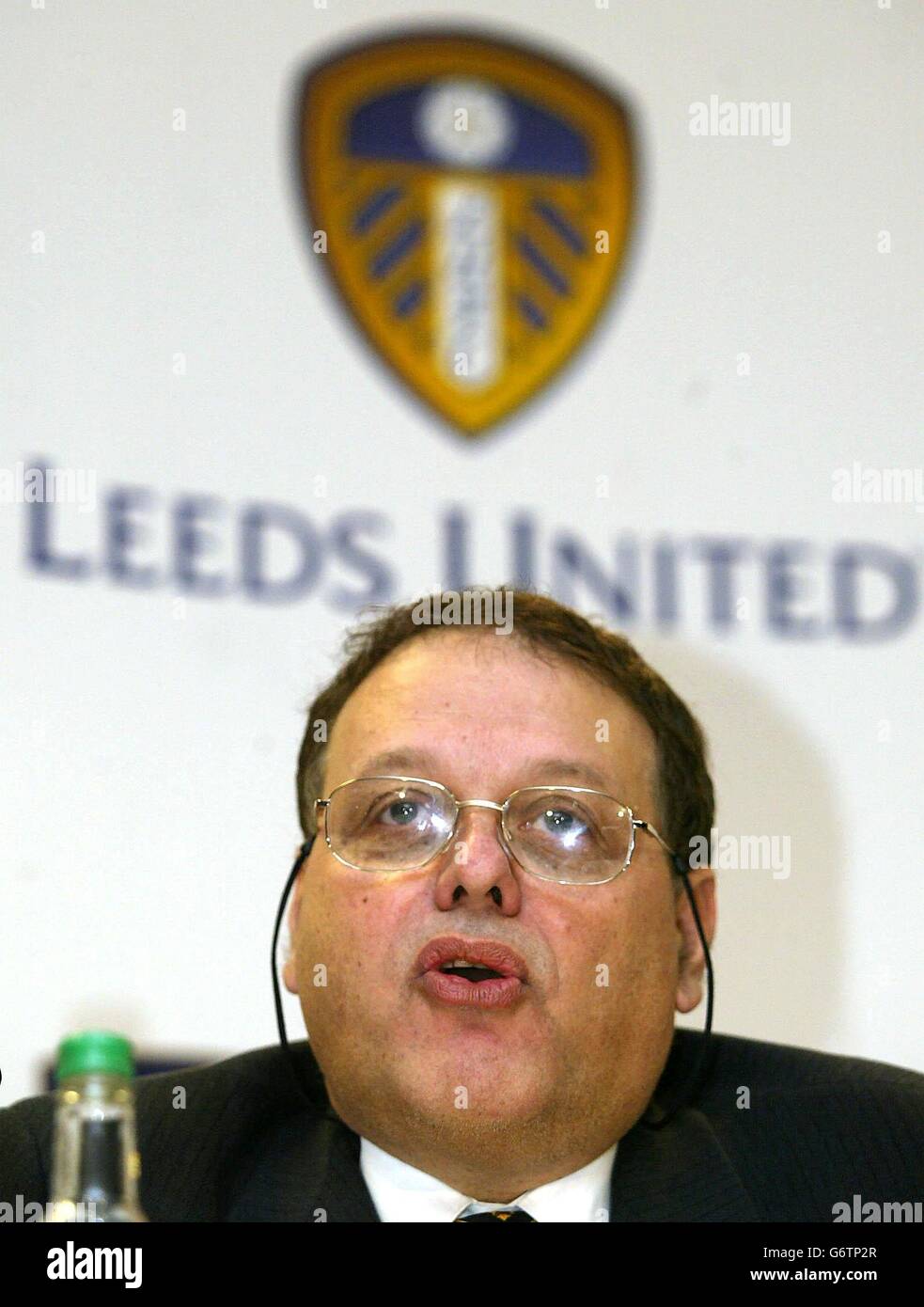New Leeds chairman Gerald Krasner speaking during a press conference at Elland Road stadium, Leeds. Krasner claimed that had his consortium not taken over the club on Friday it would not have survived. 'The total debt was just over the 100 million mark and this club was totally insolvent,' revealed Krasner. Stock Photo