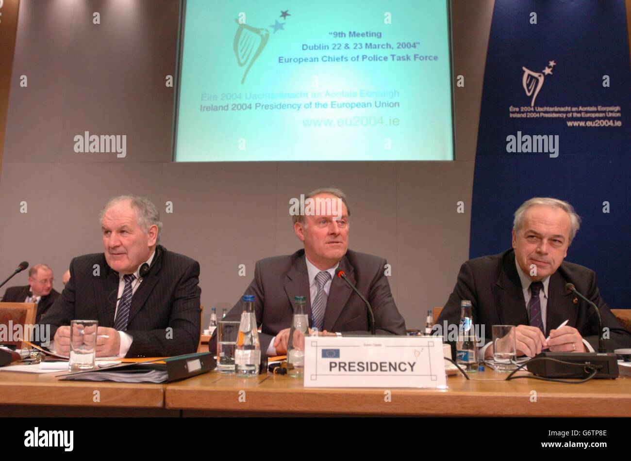 (L-R) Joe Egan, Assisant Garda Commissioner, Garda Commissioner, Noel Conroy and Charles Elsen Director of the Council Secretariat, at the European Chiefs of Police Task Force Meeting at Dublin Castle. The Dublin Castle summit marked the ninth meeting of the European Chiefs of Police Task Force the Olympic Games in Athens and the European Football Championships in Portugal would be discussed. Stock Photo