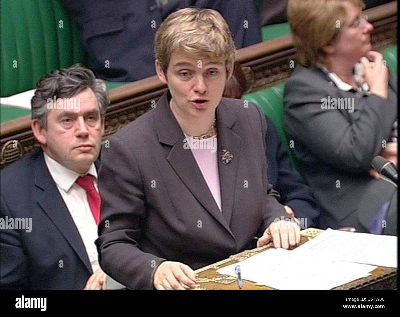 Financial Secretary to the Treasury, Ruth Kelly, speaking in the House of Commons, (seated left is the Chancellor, Gordon Brown) policyholders of Equitable Life are pinning their hopes on the findings of the Penrose Report published earlier today into what went wrong at the society. They hope the report will say a Government department failed in its role as regulator, potentially opening the way for them to pursue the Government for compensation. Stock Photo