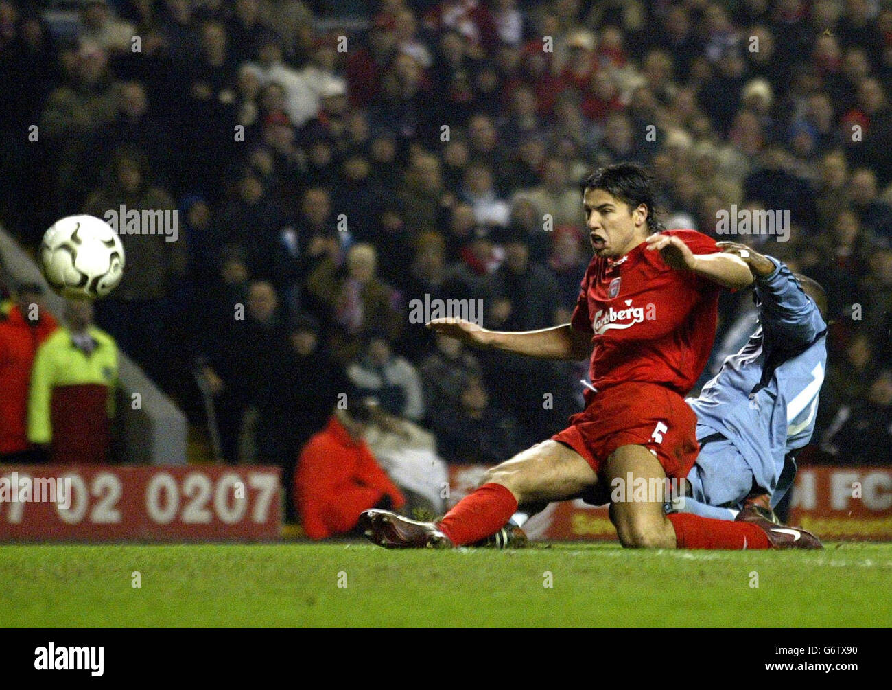 Liverpool's Milan Baros scores the opeining goal during game with Marseille, during the UEFA Cup 4th round first leg match at Anfield, Liverpool. Stock Photo