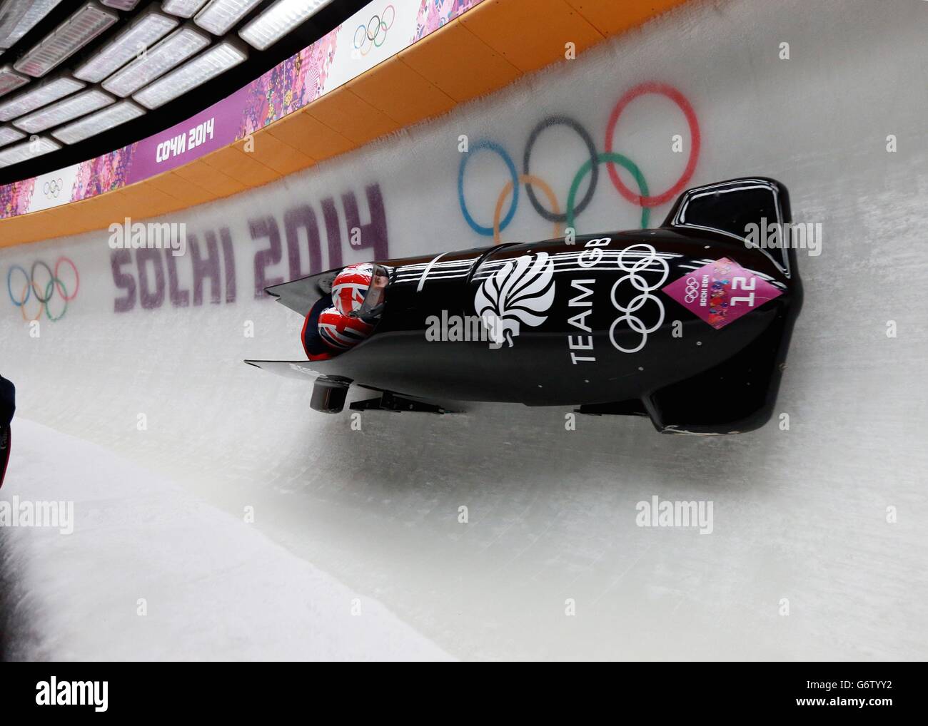 Great Britain's Paula Walker and Rebekah Wilson in the Women's Bobsleigh during the 2014 Sochi Olympic Games in Sochi, Russia. Stock Photo