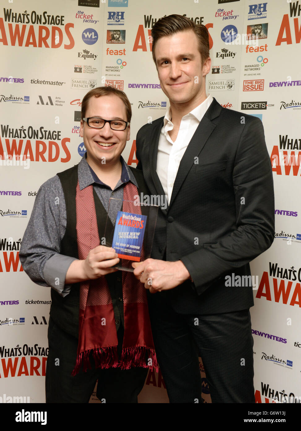 Jared Gertner and Gavin Creel with the award for Best New Musical during the What'sOnStage
