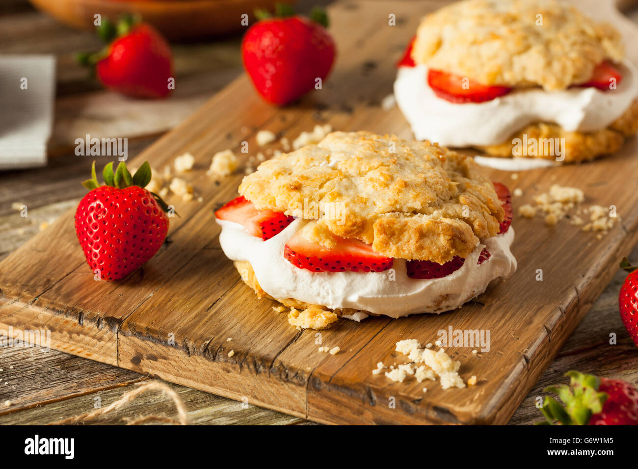 Homemade Strawberry Shortcake with Whipped Cream Ready to Eat Stock Photo