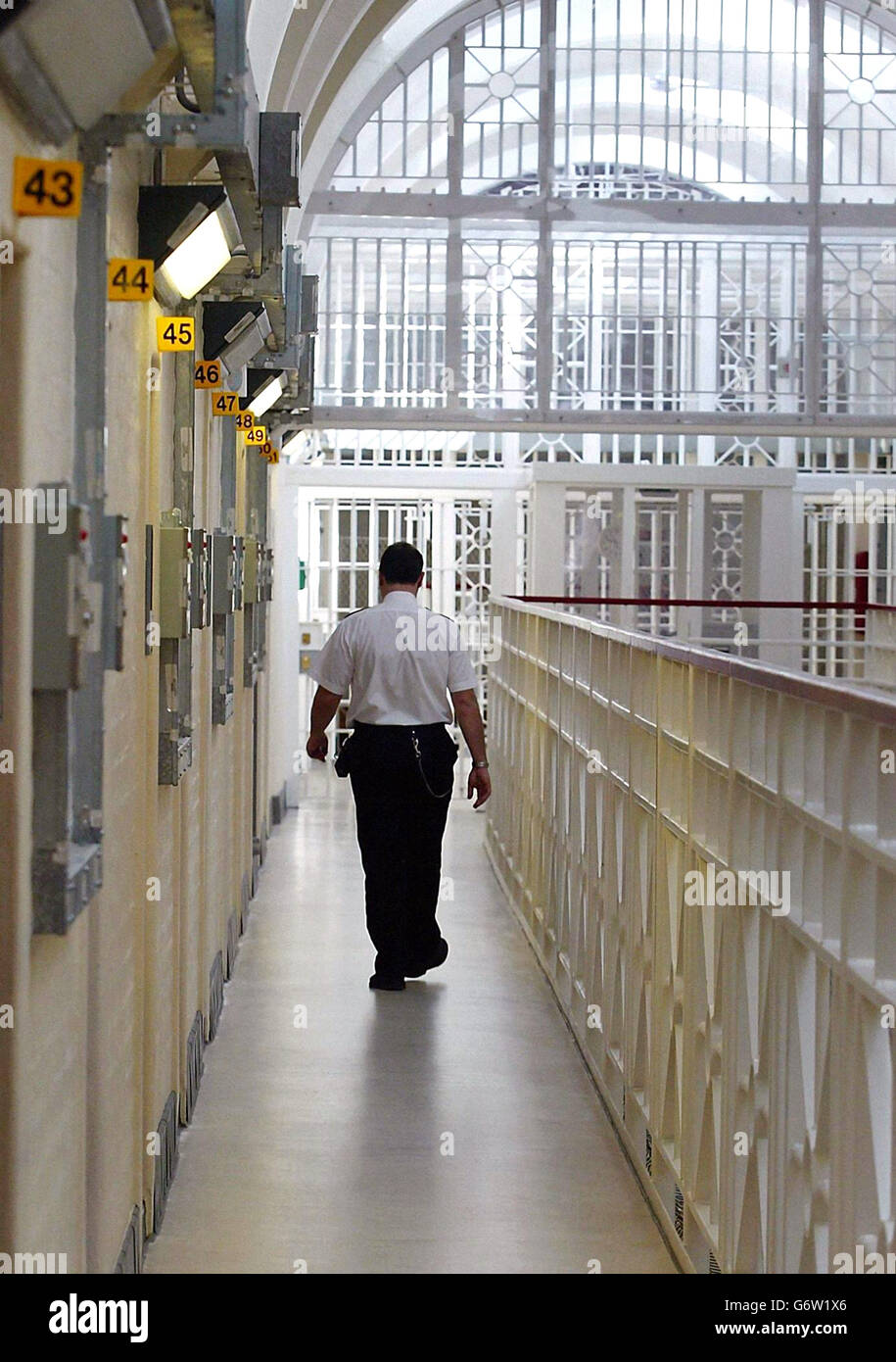 The B-wing at Wakefield Prison, West Yorkshire. Prison staff at Wakefield, which holds 570 inmates, 70% of whom are serving life and 20% serving 10 years or more, were criticised for their 'disrespectful' attitude to offenders in their care. Chief Inspector of Prisons Anne Owers found there was an 'extremely high' number of complaints from inmates about bullying, although they added that procedures to deal with the complaints were thorough. Stock Photo