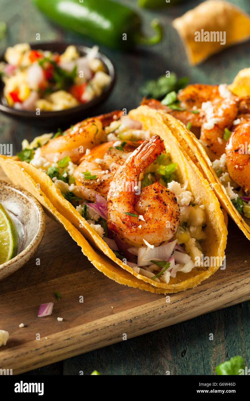 Homemade Spicy Shrimp Tacos with Coleslaw and Salsa Stock Photo - Alamy