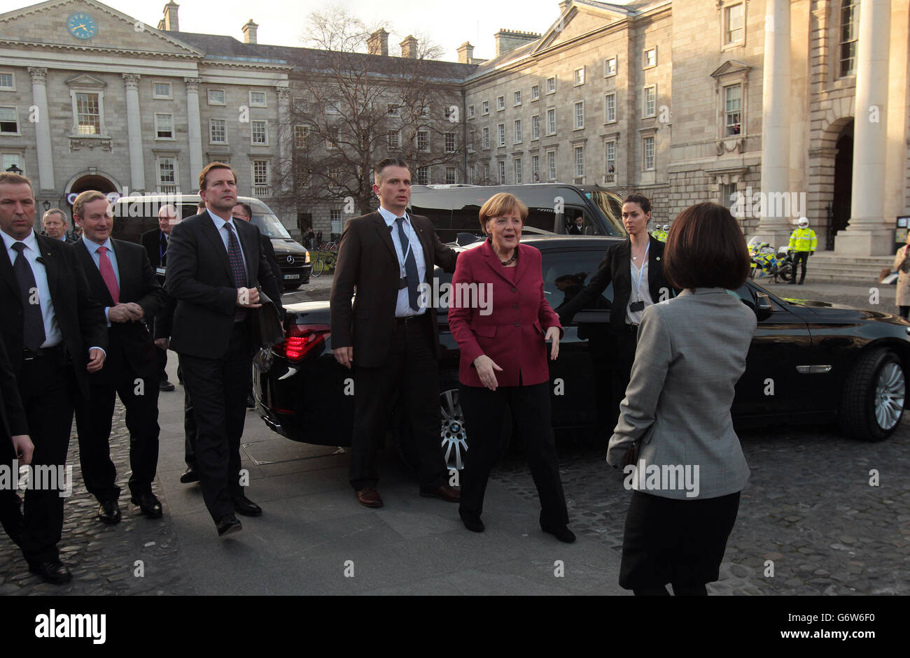 German Chancellor Angela Merkel arrives at Trinity College in Dublin where she gave a talk on Globalisation to the college Philosophical society today. Stock Photo