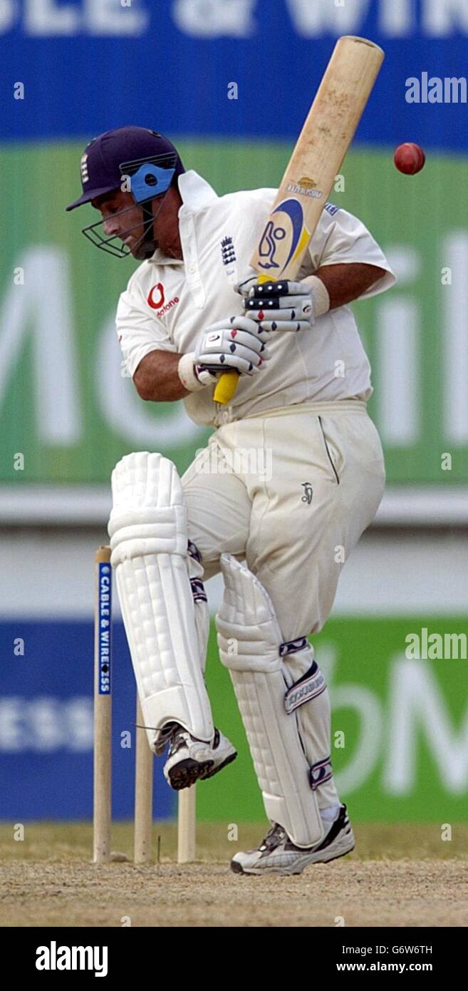 England batsman Graham Thorpe ducks a bouncer, during the third day of the 4th Test at the Recreation ground, St John's Antigua. Stock Photo