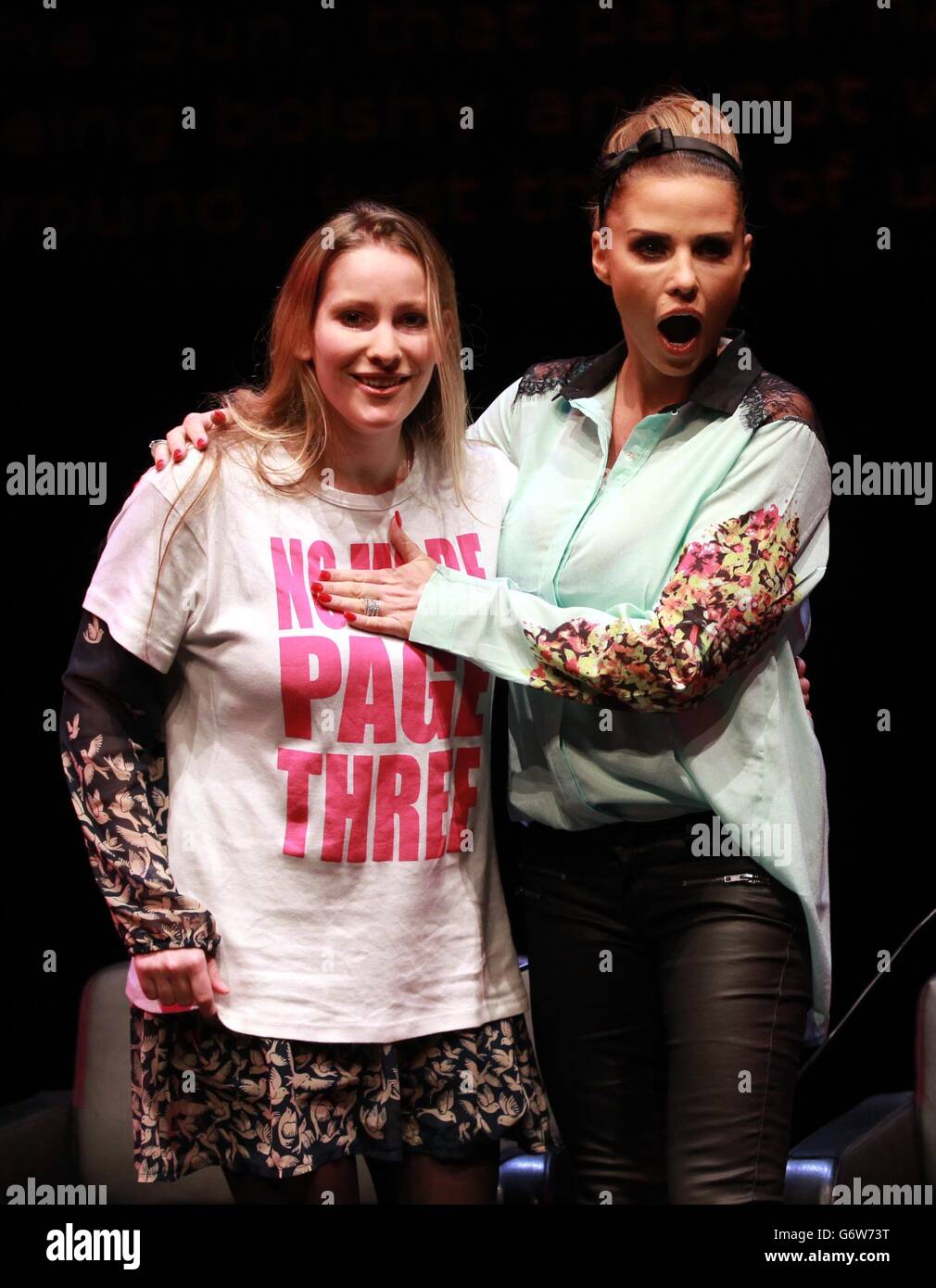Katie Price (right) with Everyday Sexism founder Laura Bates (left) at a 'Does Page 3 Make the World a Better Place' panel discussion during the Women of the World Festival (WoW) at the Southbank Centre, London. Stock Photo
