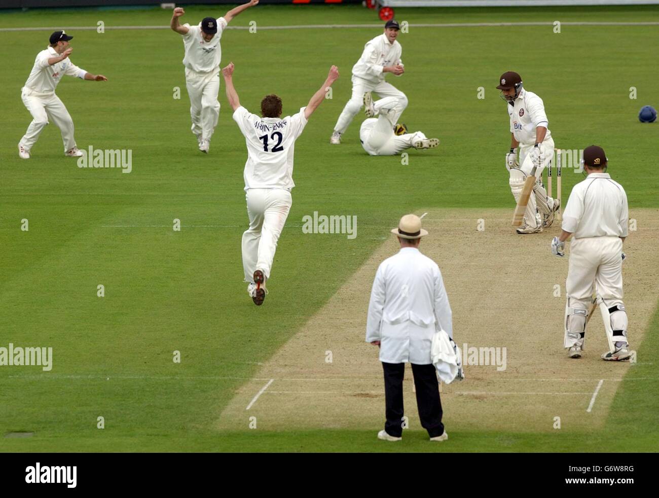 Sussex players celebrate as wicketkeeper Tim Ambrose (on ground) catches Surrey's Adam Hollioake (second right) for 4 runs off the bowling of Robin Martin-Jenkins (centre) during the first day of their County Championship match at The Oval, London. Surrey were 84-5 at lunch. Stock Photo
