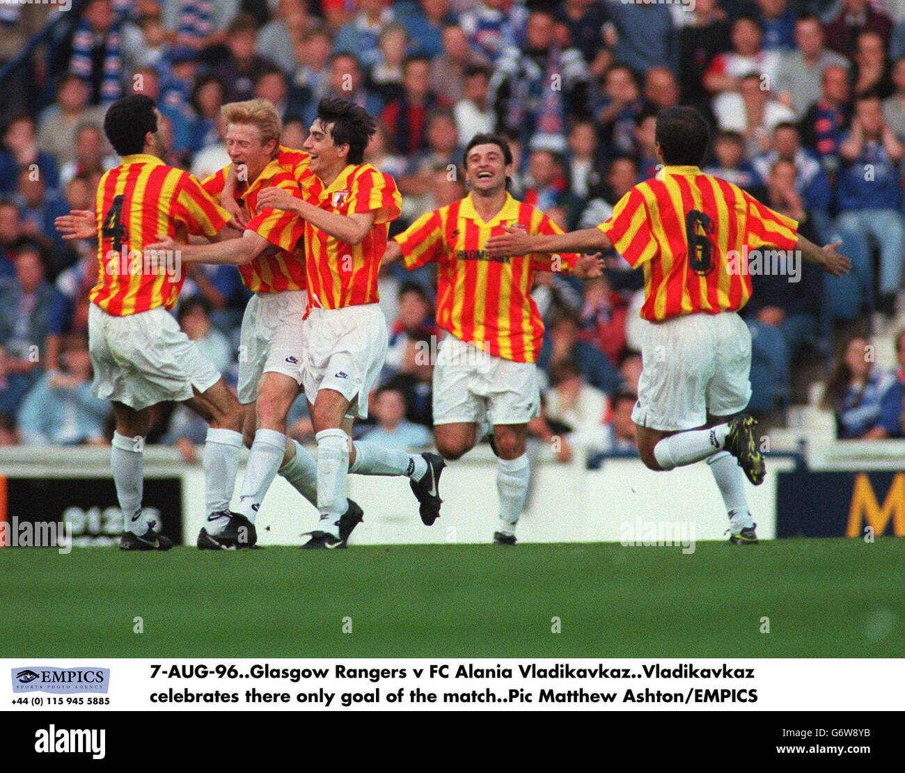 7-AUG-96. Glasgow Rangers v FC Alania Vladikavkaz. Vladikavkaz celebrates there only goal of the match Stock Photo