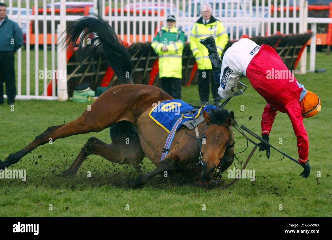 Mark Equal ridden by Tony McCoy takes a fall on the last as Tambo ridden by Matty Batchelor goes on to win the Tim Barclay Memorial Handicap Chase at Fakenham Racecourse, Norfolk. Stock Photo