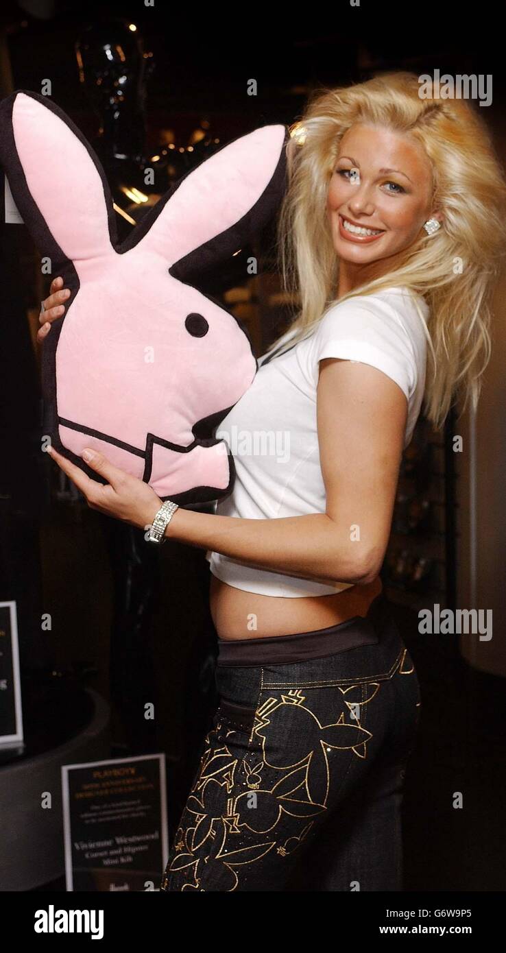 Playboy Model Luci Victoria, the only UK playmate to have posed for the US edition of the magazine during a photocall to promote the Harrods Playboy 50th anniversary designer collection at Harrods dept store, Knightsbridge, west London, by leading fashion and product designers. hl200304 Stock Photo