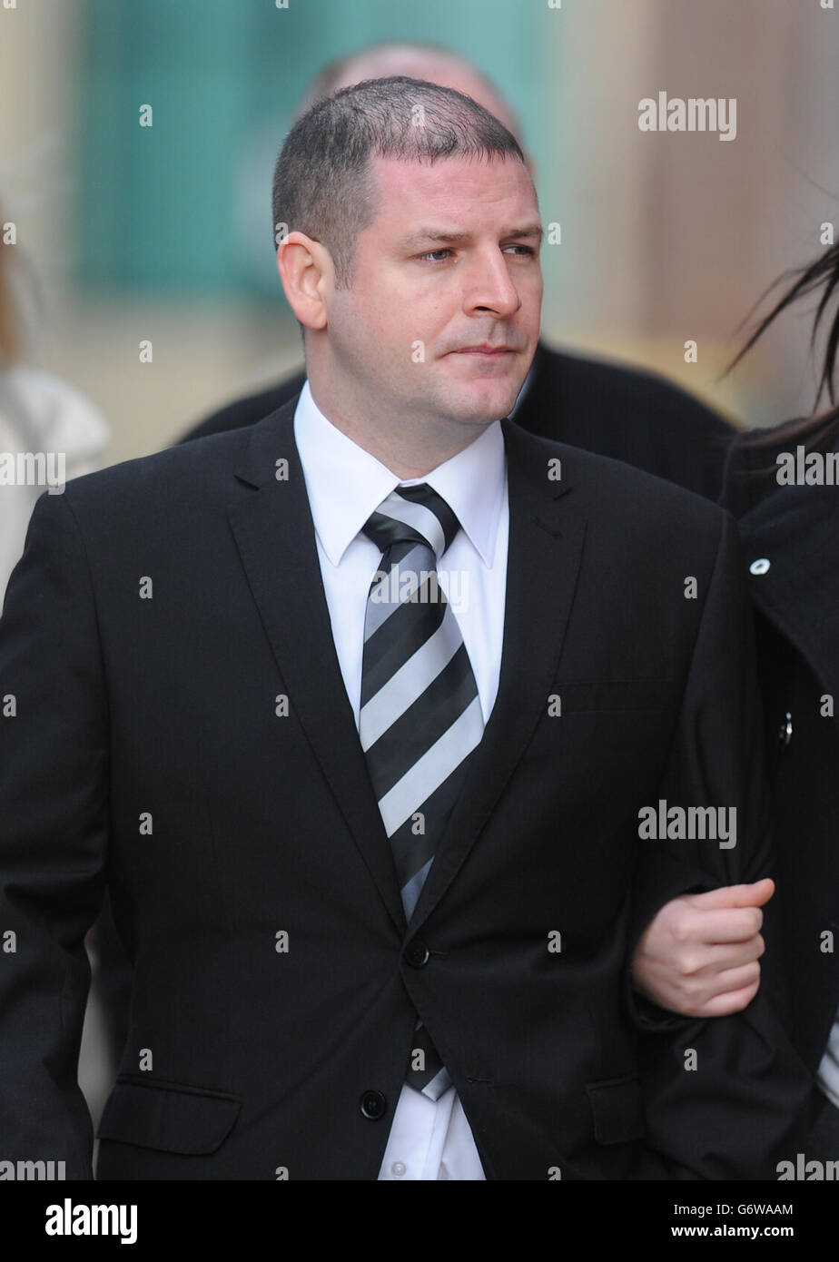 Alan French, 32, arrives at Newcastle Crown Court where he is accused alongside Philip McGilvray, 33, of an attack on the Casualty actor Clive Mantle who had part of his ear bitten off leaving him with a permanent disfigurement. Stock Photo