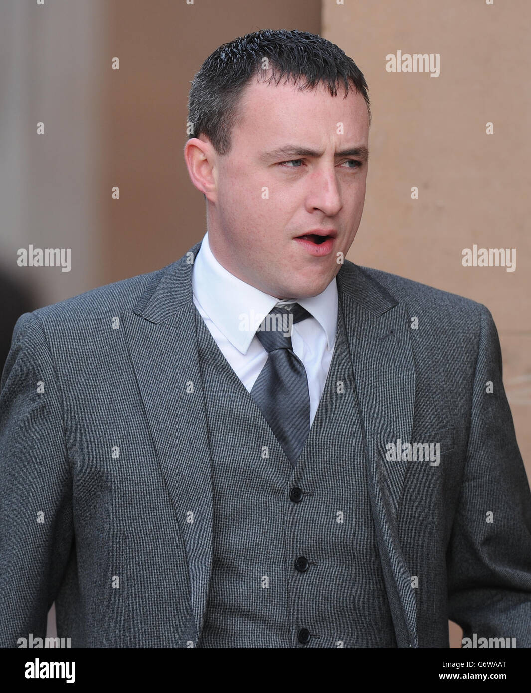 Philip McGilvray, aged 33, arrives at Newcastle Crown Court where he is accused alongside Alan French, 32, of an attack on the Casualty actor Clive Mantle who had part of his ear bitten off leaving him with a permanent disfigurement. Stock Photo