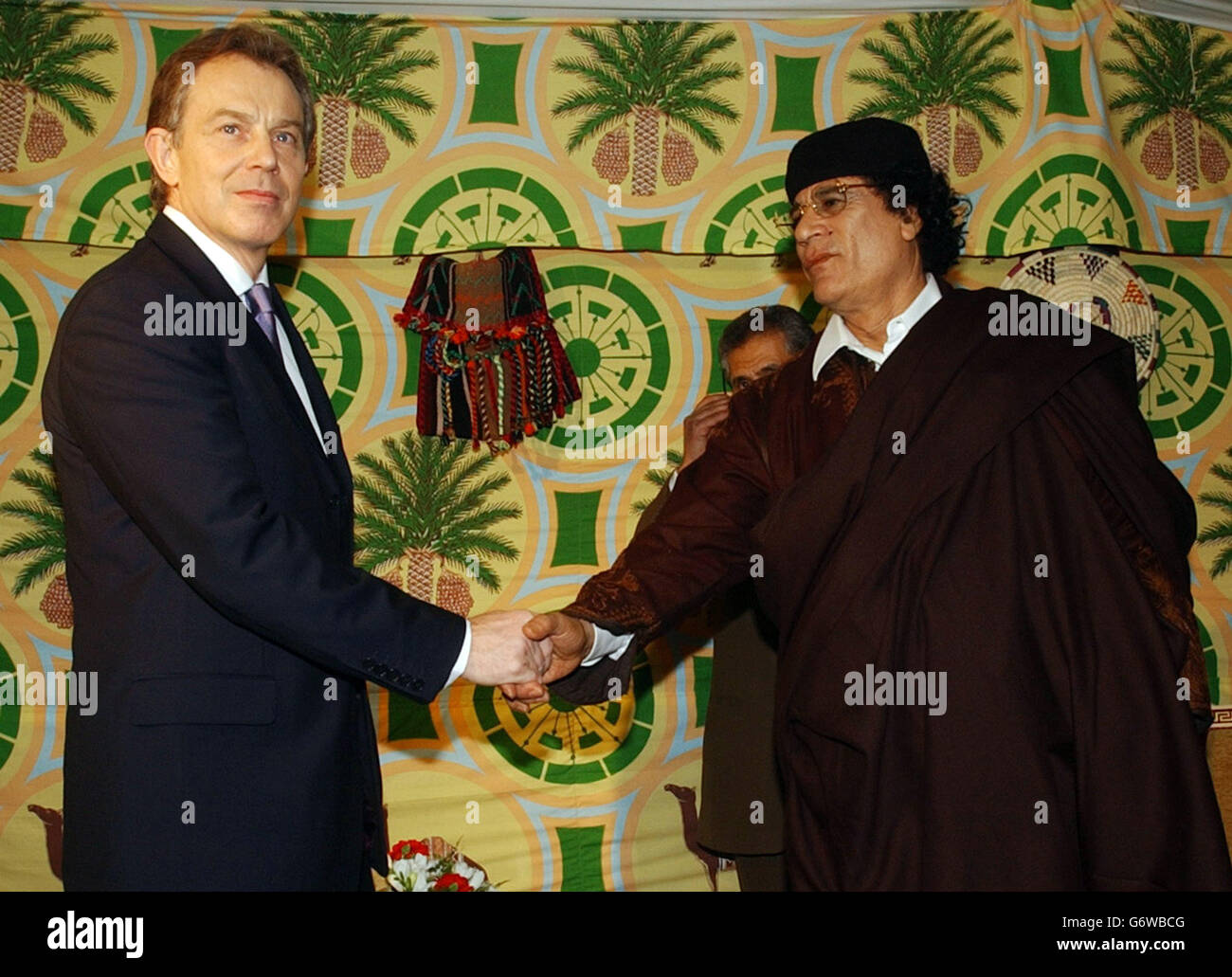 British Prime Minister Tony Blair and Libyan leader Colonel Muammar Gaddafi ahead of their talks in Tripoli. Mr Blair's visit follows Libya's agreement in December to dismantle its WMD programme and its acceptance of responsibility for the Lockerbie bombing and the murder of Wpc Yvonne Fletcher. Stock Photo