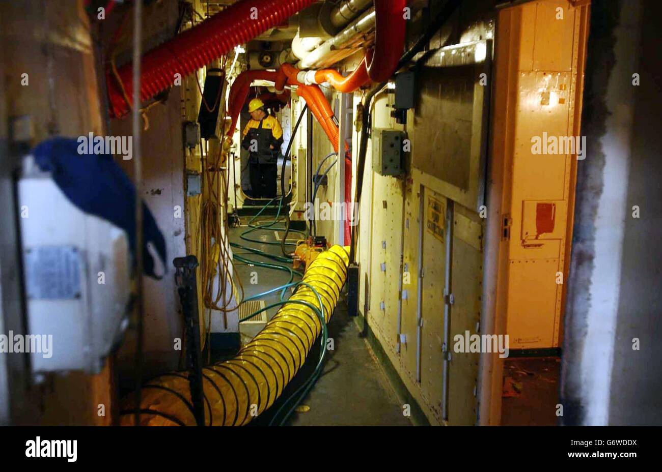 Below decks of the ex-Royal Navy frigate Scylla at Devonport Dockyard, Plymouth. The vessel is due to be placed on the seabed in Whitsand Bay off Plymouth thus creating a diving reef. Stock Photo