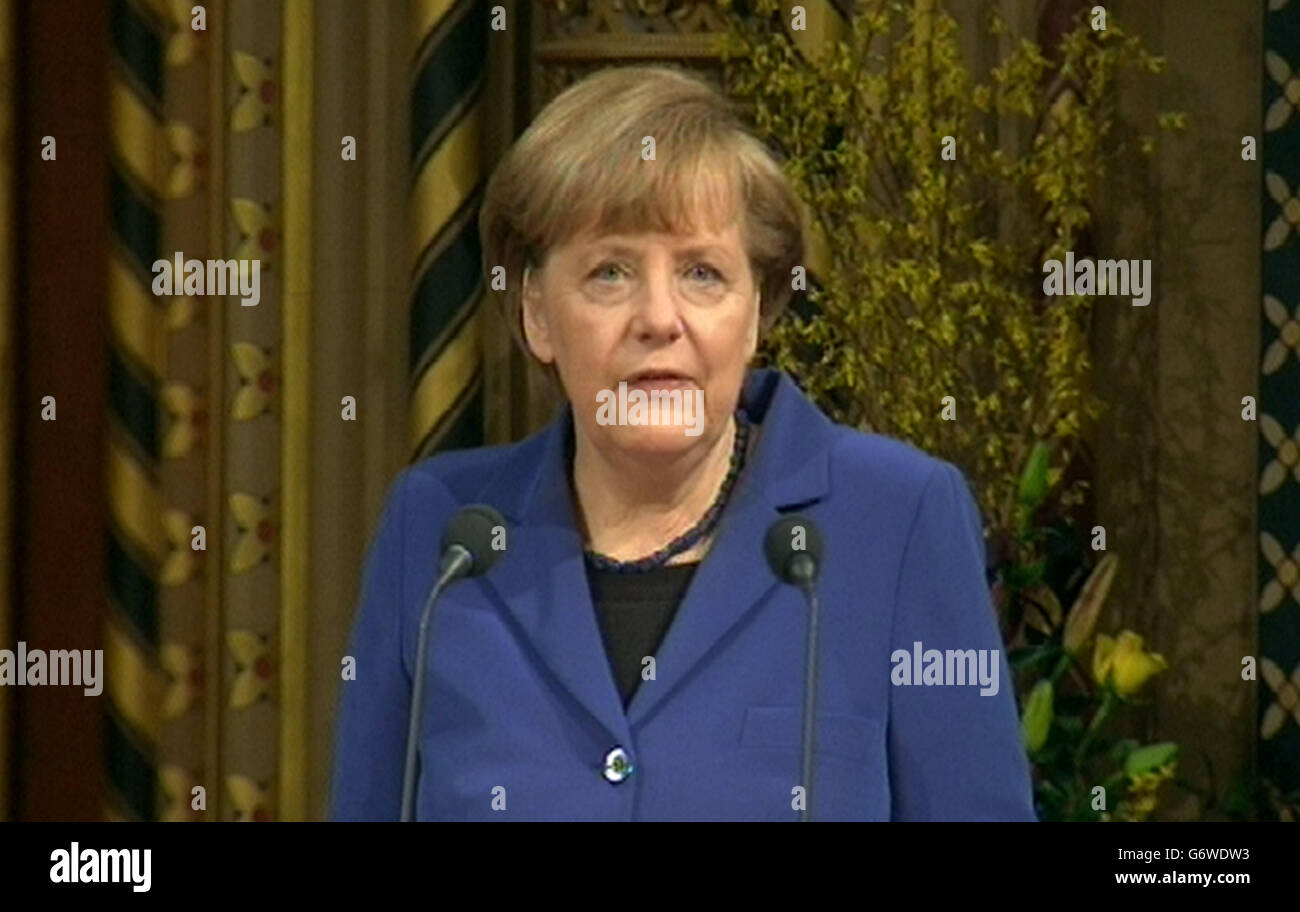 Video grab of German Chancellor Angela Merkel giving a speech in the Royal Gallery of the House of Lords in London. Stock Photo