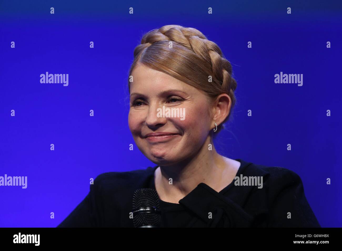 Former Ukrainian Prime Minister Yulia Tymoshenko speaking to the media at the European People's Party Congress in the Convention Centre, Dublin. Stock Photo