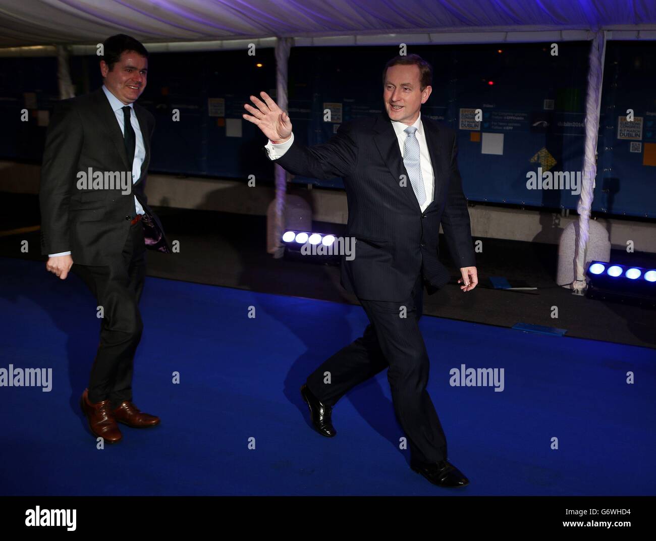 Taoiseach Enda Kenny arrives with Minister for European Affairs, Paschal Donohoe (left) at the European People's Party Congress in the Convention Centre, Dublin. Stock Photo