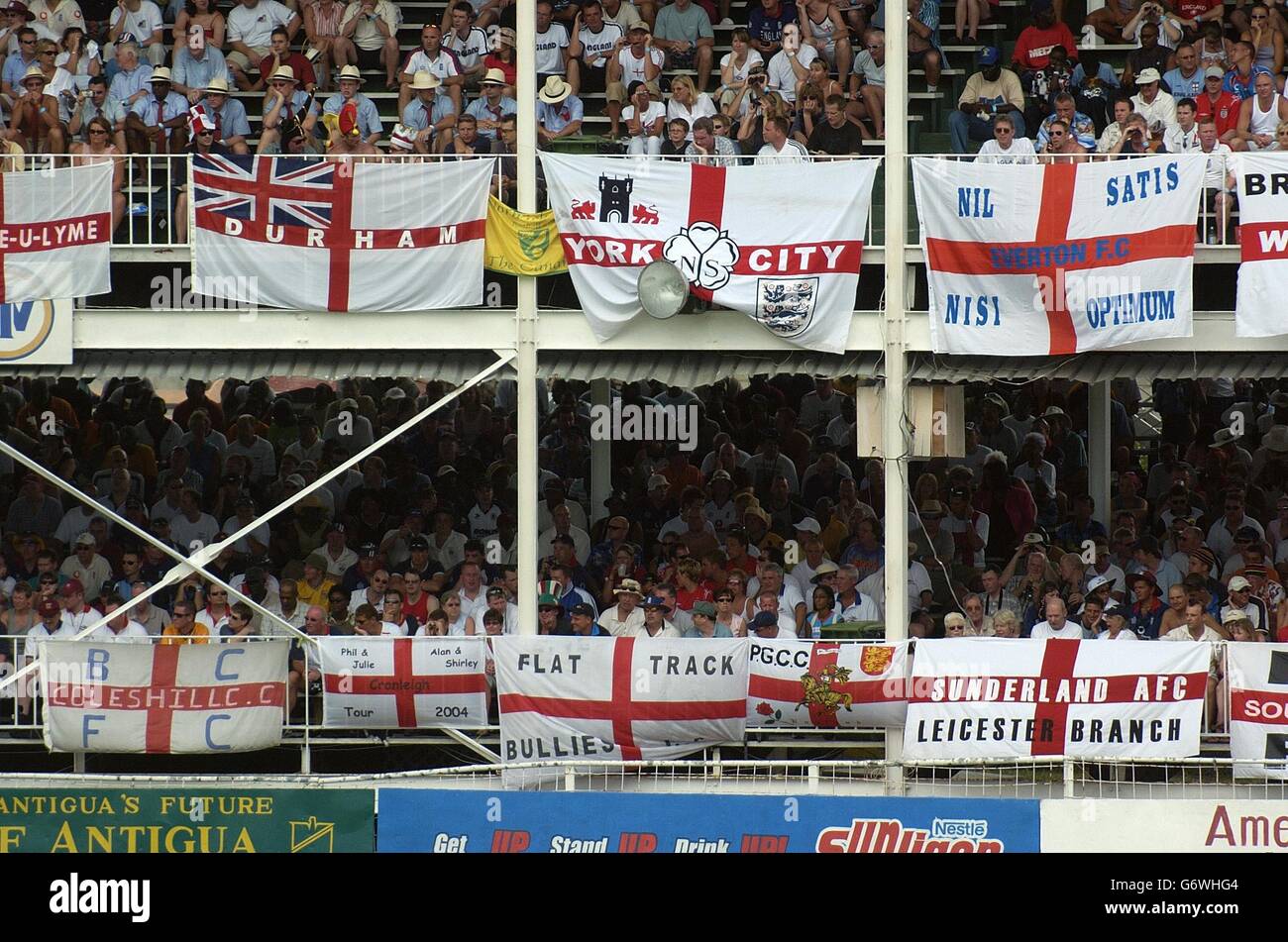England Fans Hang Flags During The Fourth Test Match Against West Indies At The Recreation Ground St John S Antigua Stock Photo Alamy