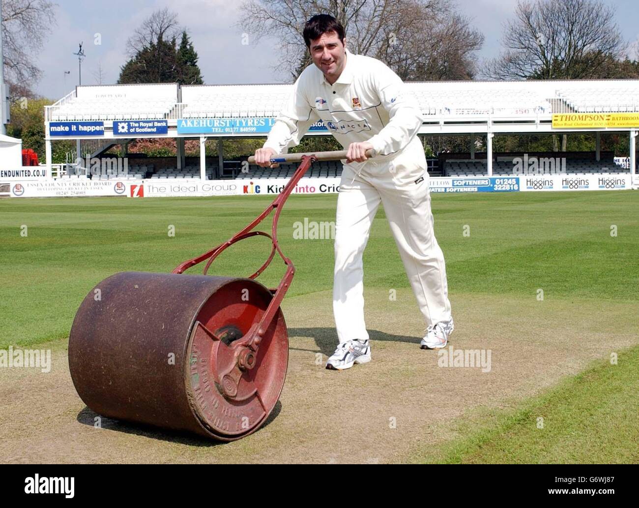 Essex cricket captain Ronnie Irani rolls the wicket, in Chelmsford, during a press call ahead of the new season. Stock Photo