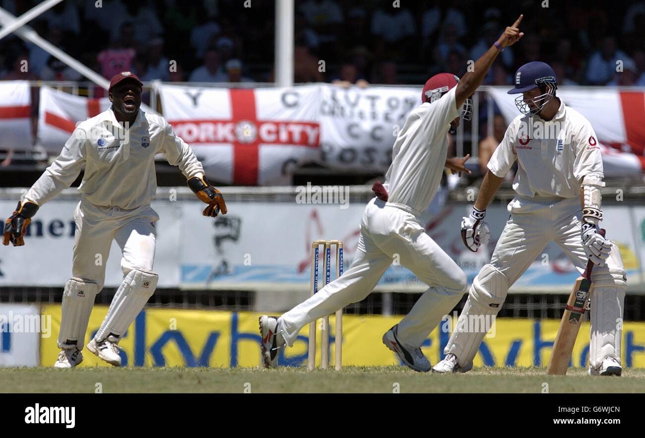 England captain Michael Vaughan is dismissed for 140 runs, caught by West Indian wicketkeeper Ridley Jacobs (left), during the final day of the 4th Test at the Recreational ground, St. John's, Antigua. Stock Photo