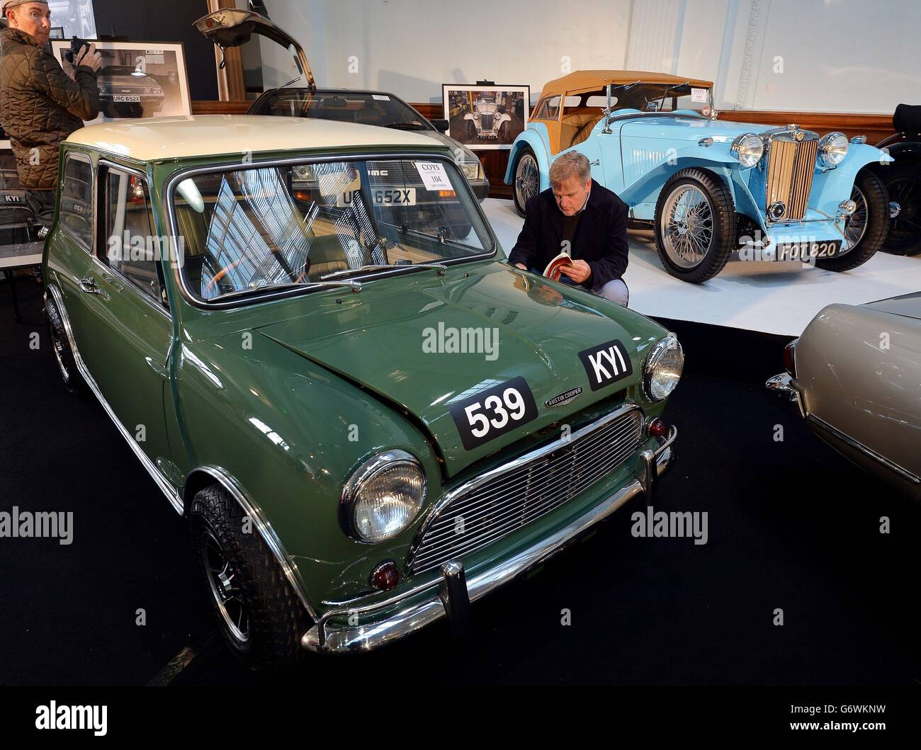 A 1964 Austin Cooper Mini Mark 1 on show at the Royal Horticultural Hall in central London, where the Coys spring classic auction of Vintage cars takes place this evening, and it is expected that the cars will be sold for a total around £2.5million. Stock Photo