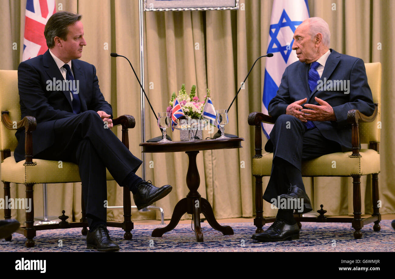 Prime Minister David Cameron (left) meets with Israeli President Shimon Peres at his official residence in Jerusalem on the first of a two day trip to Israel. Stock Photo