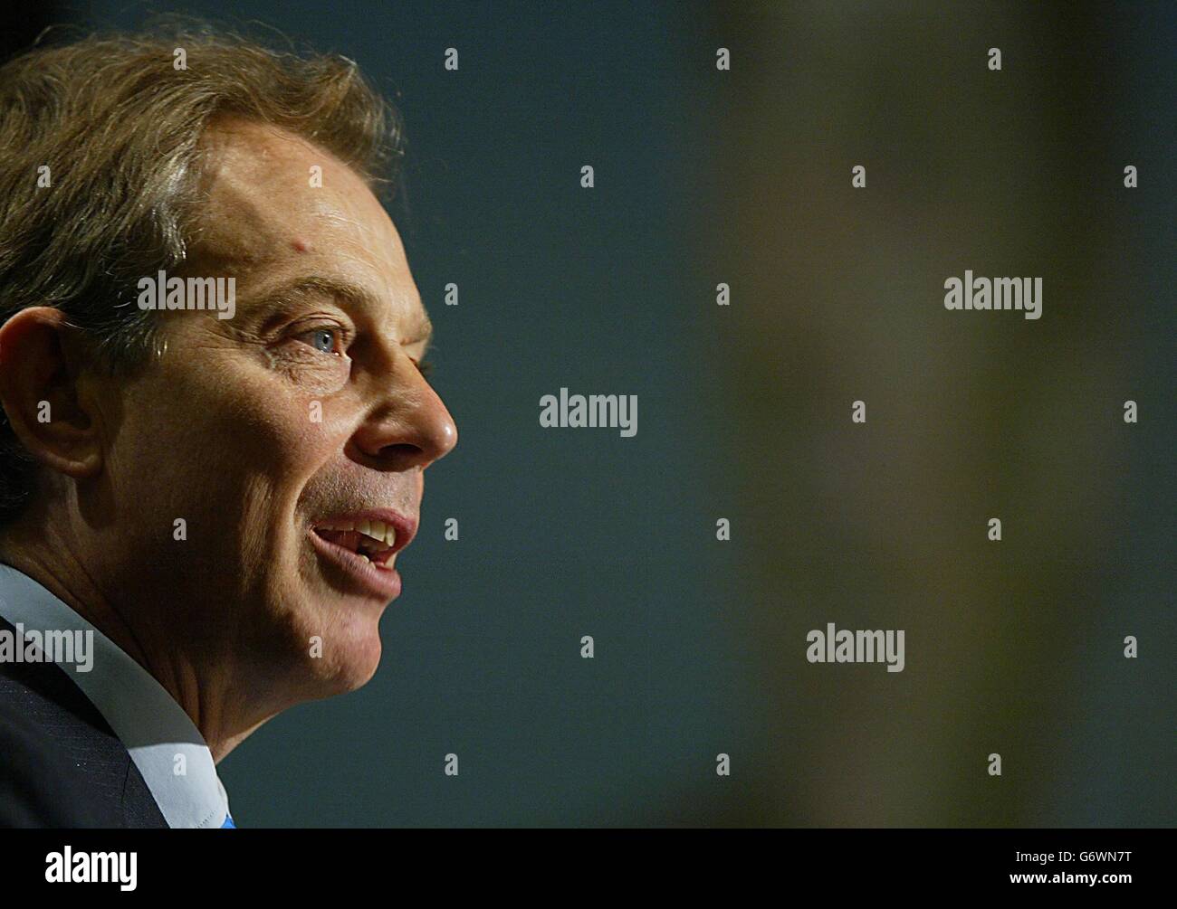 Prime minister Tony Blair addresses governors at the European Bank of Reconstruction and Development (EBRD) annual meeting in London. In an opinion poll published Mr Blair could face stiff opposition from his own backbenches if he calls a referendum on the new European Union constitution. Stock Photo